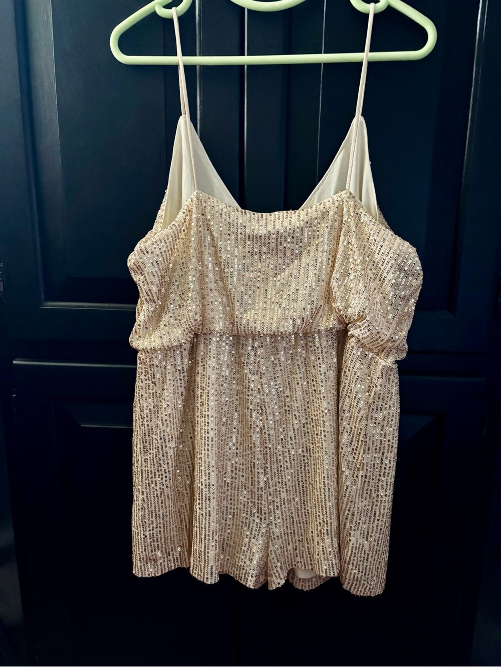 Double Crazy Sequined Gold Spaghetti Strap Romper with attached Shorts - Picture 6 of 7